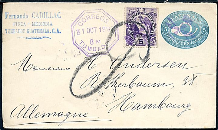 5 c. helsagskuvert opfrankeret med 5 c. fra Tumbador d. 31.10.1895 til Hamburg, Tyskland.