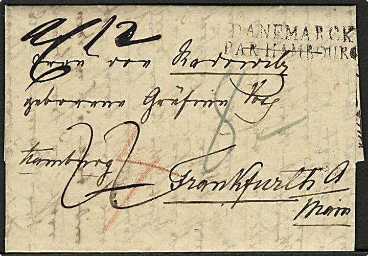 1839. Foldebrev fra Eckernförde d. 4.6.1839 til Frankfurt am Main. Påskrevet: Hamburg. Liniestempel DANEMARCK PAR HANBOURG.