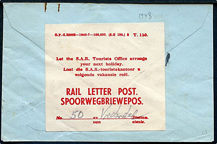 ½d og 1½d (parstykke) på Rail Letter Post / Spoorwegbriewepos brev annulleret med jernbanestempel i Vredendal d. 27.12.1948 til Cape Town. På bagsiden 2-sproget Rail Letter Post etiket - formular T.110. 