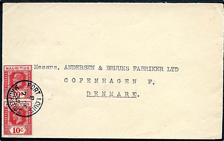 10 c. George V i parstykke på brev stemplet Port Louis Mauritius d. 7.12.1937 til København, Danmark.