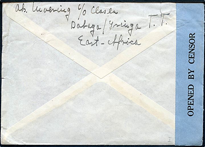 10 cents George VI (3) på brev fra Iringa, Tanganyika Territory d. 21.12.1939 til København, Danmark. Åbnet af lokal censur no. 19.