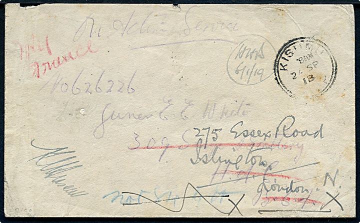 Ufrankeret O.A.S. feltpostbrev stemplet Kisumu d. 24.9.1918 via Mombasa til soldat i 309 Siege Battery, HAC, BEF i Frankrig. Eftersendt fra Army Post Office S.25 d. 7.1.1919 til London.