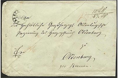 Francobrev med antiqua stempel Preetz d. 27.12.185x via K.D.O.P.A. Hamburg til Oldenburg pr. Bremen.