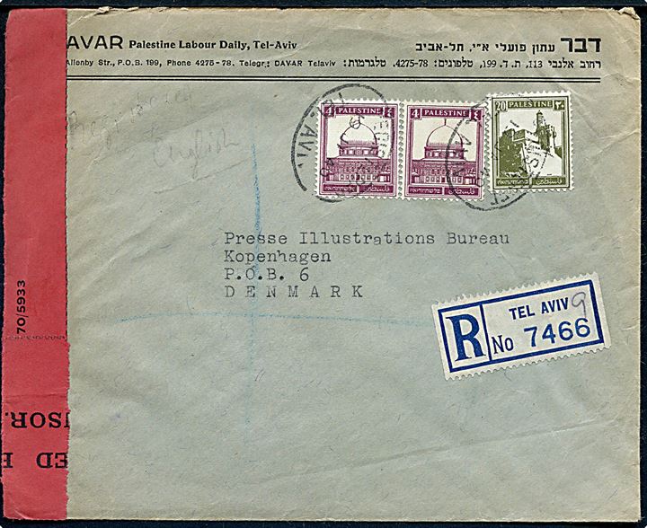 4 mills i parstykke og 20 mills på anbefalet brev fra Tel Aviv d. 19.1.1940 via Haifa til København, Danmark. Åbet af lokal censur PC22. Ank.stemplet i København d. 26.2.1940.