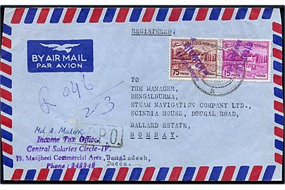 Bangladesh. 15 paisa og 75 paisa Bangladesh provisorier på anbefalet luftpostbrev fra Decca d. 1.3.1972 til Bombay, Indien.