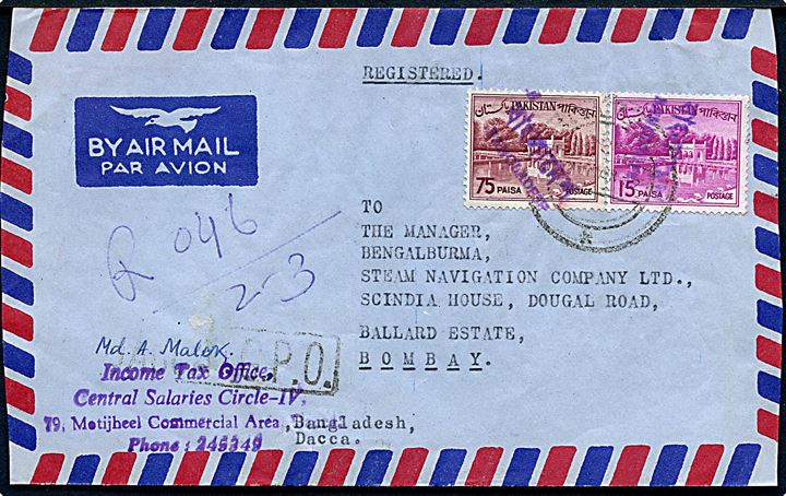 Bangladesh. 15 paisa og 75 paisa Bangladesh provisorier på anbefalet luftpostbrev fra Decca d. 1.3.1972 til Bombay, Indien.