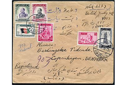 Blandingsfrankeret anbefalet brev fra Kaboul d. 30.7.1953 til Berlingske Tidende i København, Danmark.
