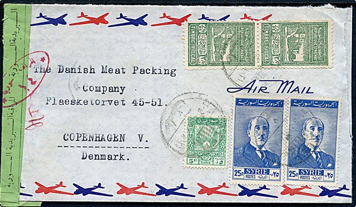 5 p. og 25 p. (par), samt 2½ p. Fiskalmærke i parstykke på luftpostbrev fra Alep 1948 via Damaskus til København, Danmark. Åbnet af syrisk censur.