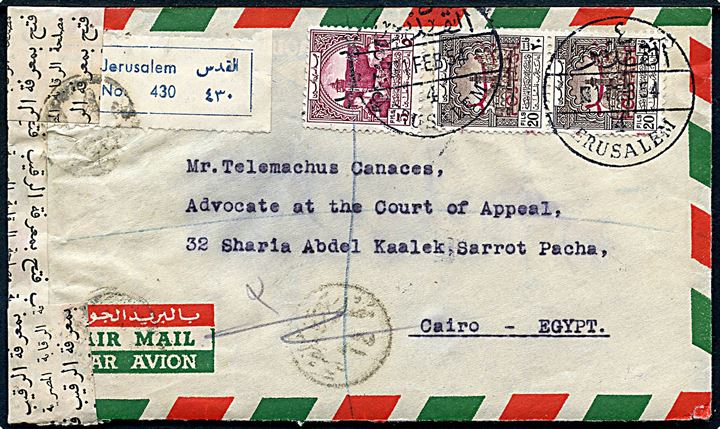 5 fils og 20 fils (2) Jordanske Tvangstillægsmærker overtrykt Postage på anbefalet brev fra jordansk besat Palestina stemplet Jerusalem d. 1.2.1954 til Cairo, Egypten. Åbnet af egyptisk censur.