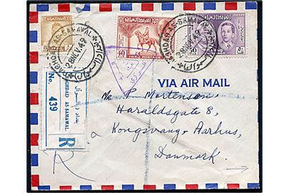 98 fils blandingsfrankeret anbefalet luftpostbrev fra Baghdad- As-Samawal d. 28.11.1949 til Aarhus, Danmark. På bagsiden 6 fils Palestina-hjælp tvangstillægsmærke. Irakisk censur.