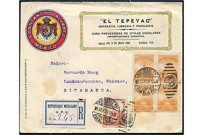 5 c. (fireblok) og 10 c. stukken kant på illustreret firmakuvert fra Constantino Alvarez sendt anbefalet fra Puebla d. 6.9.1928 via Laredo til Nakskov, Danmark. 