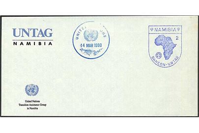 Uadresseret ufrankeret fortrykt kuvert fra UNTAG (United Nations Transition Assistance Group) i Namibia stemplet United Nations d. 14.3.1990. Afd.-stempel Namibia / DANCON-UNTAG 2