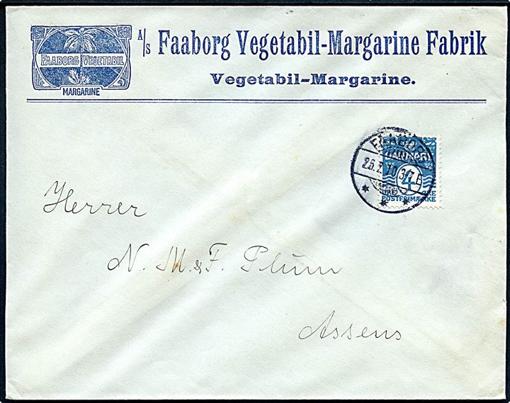 4 øre Bølgelinie på illustreret firmakuvert fra A/S Faaborg Vegetabil-Margarine Fabrik sendt som tryksag fra Faaborg d. 26.7.1910 til Assens.