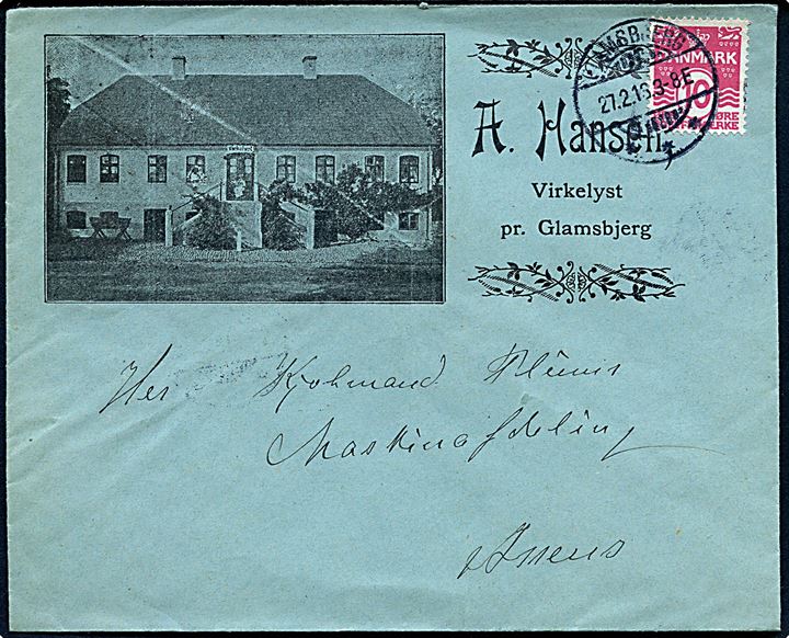 10 øre Bølgelinie på illustreret firmakuvert fra A. Hansen Virkelyst pr. Glamsbjerg annulleret Glamsbjerg d. 27.2.1913 til Assens.