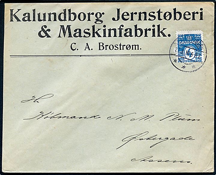 4 øre Bølgelinie på firmakuvert fra Kalundborg Jernstøberi & Maskinfabrik sendt som tryksag fra Kalundborg d. 27.3.1916 til Assens.