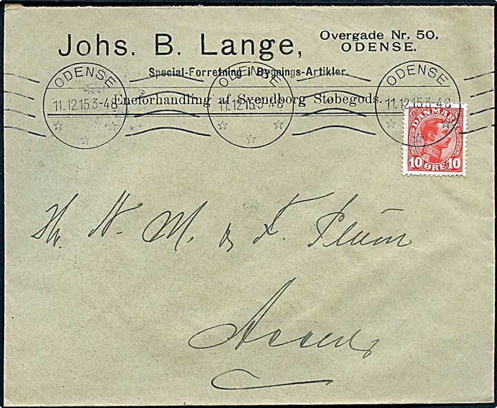 10 øre Chr. X på illustreret firmakuvert fra Johs. B. Lange i Odense d. 11.12.1915 til Assens.