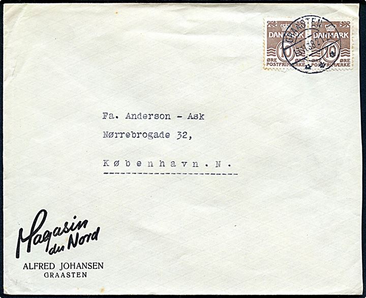 10 øre Bølgelinie i parstykke på fortrykt kuvert fra Magasin du Nord i Graasten d. 13.11.1938 til København.