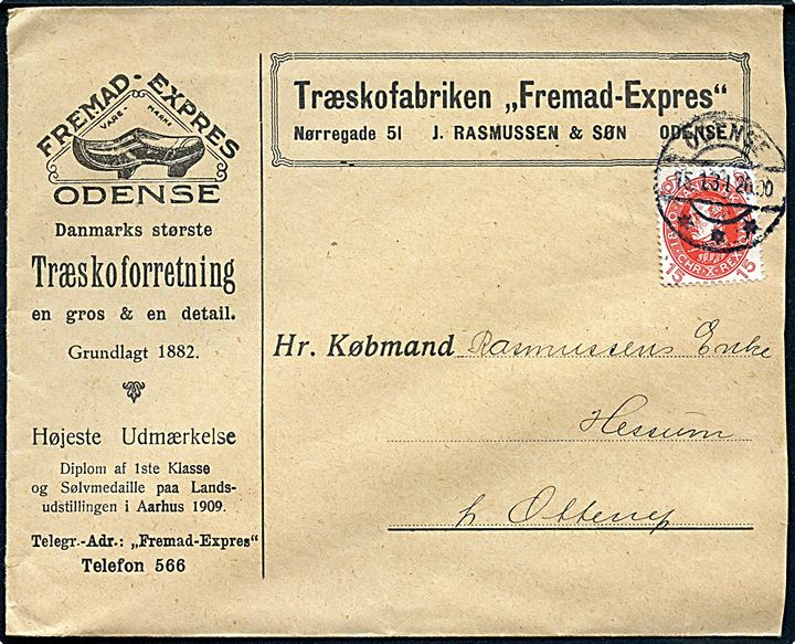 15 øre Chr. X 60 år på illustreret firmakuvert fra Træskofabriken Fremad-Expres i Odense d. 15.1.1931 til Hessum pr. Otterup.