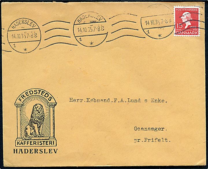 15 øre H. C. Andersen på illustreret firmakuvert fra Fredsteds Kafferisteri i Haderslev d. 14.10.1935 til Frifelt.