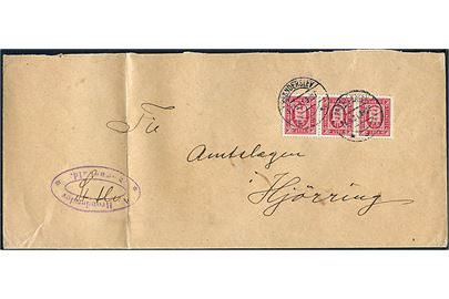 10 øre Tjenestemærke i vandret 3-stribe på aflang kuvert fra Brønderslev d. 17.5.1921 til Hjørring. Fold.