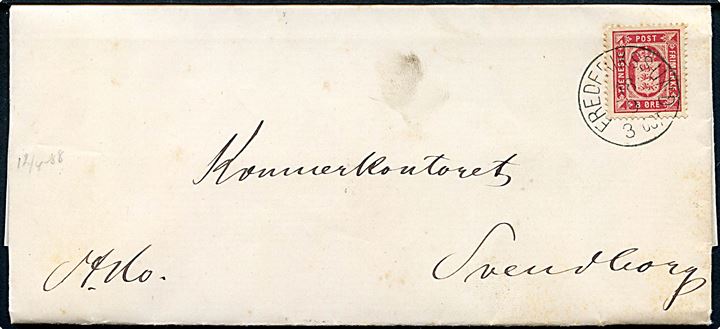 8 øre Tjenestemærke på brev annulleret med lapidar Frederikssund d. 18.9.1888 til Svendborg.