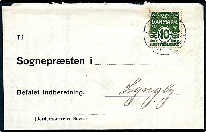 10 øre Bølgelinie på lokalt korrespondancekort mærket Befalet Indberetning i Lyngby d. 21.3.1925.