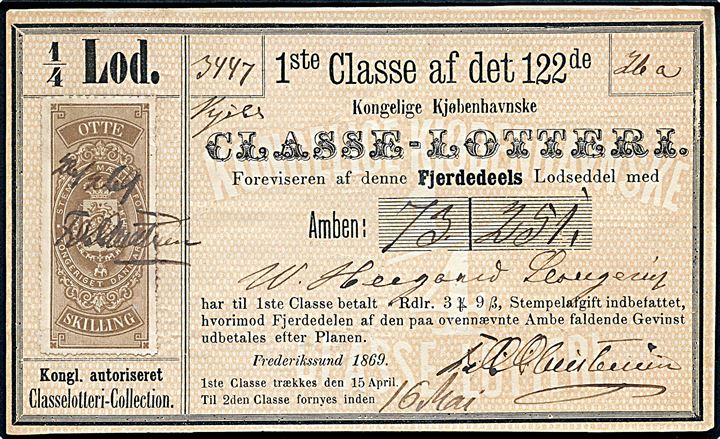 8 sk. stempelmærke på 1/4 lod fra Classe-Lotteriet udstedt i Frederikssund d. 16.5.1869.