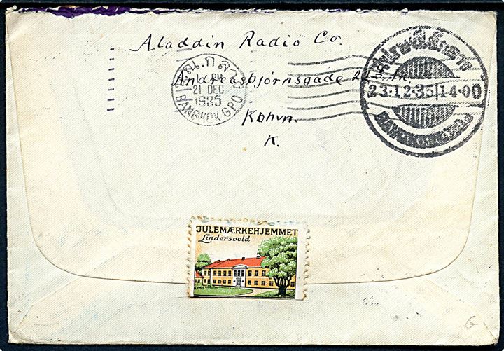 10 øre H. C. Andersen (3) på brev fra København d. 24.11.1935 til sømand ombord på M/S Erria via rederiet Ø.K. i København - eftersendt til skibet i Bangkok, Siam og eftersendt til Singapore. 