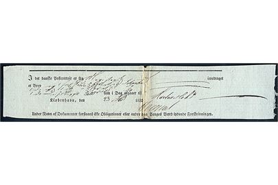 1833. Fortrykt kvittering for indlevering af værdibrev værdibrev i Kiøbenhavn d. 23.2.1833 til Haderslev. Lodret fold.