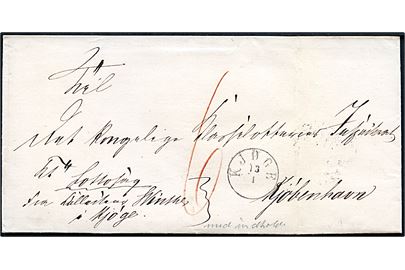1867. Ufrankeret tjenestebrev mærket K.T. Lotterisag fra Collectør Winther i Kjøge med antiqua Kjøge d. 13.1.1867 til Kjøbenhavn. Påskrevet 6 sk. porto. 