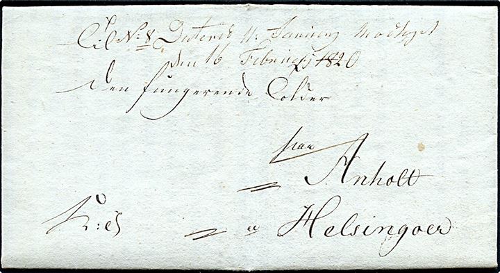1820. Cirkulære fra Generaltoldkammer i Kjøbenhavn d. 11.1.1820 udsendt som tjenestebrev til den fungerende Tolder på Anholt over Helsingør. Iflg. notat modtaget d. 16.2.1820. Fuldt indhold.