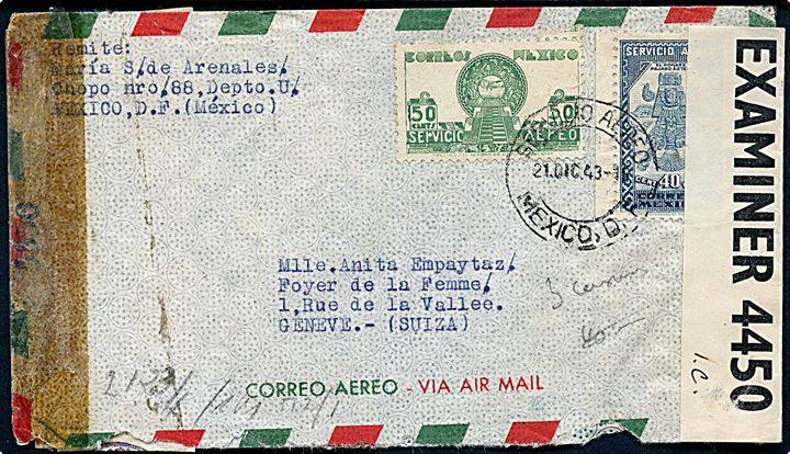 40 c. og 50 c. på luftpostbrev fra Mexico d. 21.12.1943 til Geneve, Schweiz. Triple censureret med amerikansk censur no. 5550 fra New York, britisk PC90/445 IC fra Bermuda og tysk censur x fra Paris.