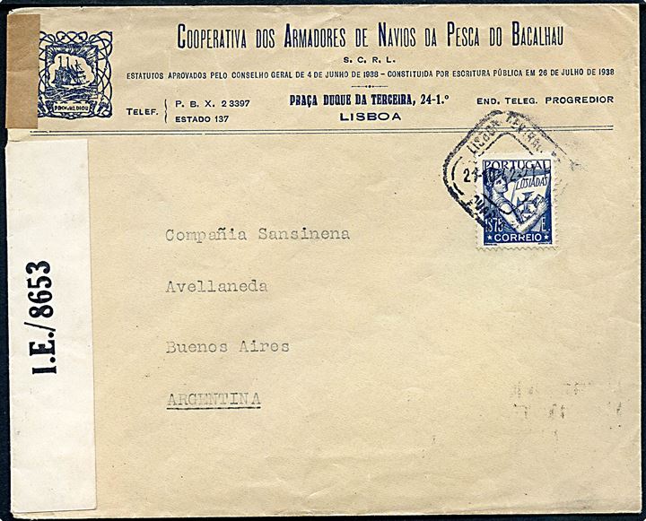 1$75 single på overfladebrev fra Lissabon d. 21.10.1942 til Buenos Aires, Argentina. Åbnet af britisk censur på Trinidad PC90/ I.E./8653. Ank.stemplet i Buenos Aires d. 2.3.1943.