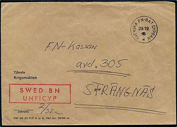 Ufrankeret tjenestebrev fra Krigsmakten stemplet Svenska FN-Bat Cypern d. 29.12.1965 til Strängnäs, Sverige. Rammestempel SWED BN UNFICYP.