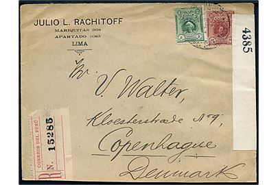 2 c. og 20 c. på anbefalet brev fra Lima annulleret med svagt stempel i 1919 via New York d. 6.2.1919 til Kjøbenhavn, Danmark. Åbnet af britisk censur no. 4385.