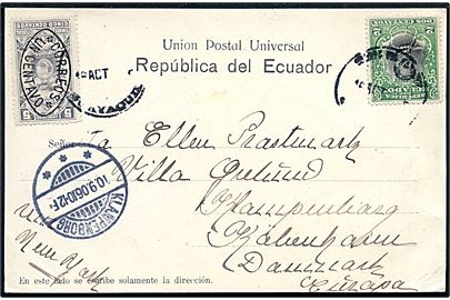 2 c. Calderon og 1 c./5 c.  Provisorium på brevkort fra Guayaquil d. 15.8.1906 til Klampenborg, Danmark.