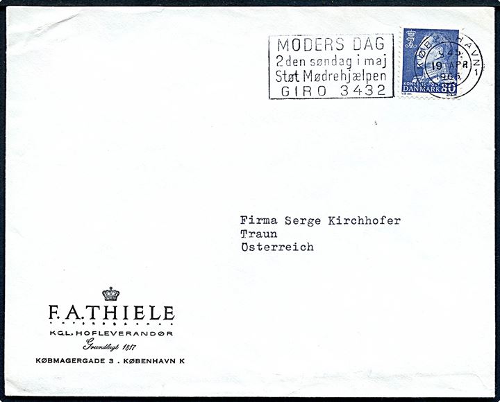 80 øre Fr. IX på brev annulleret med TMS Moders Dag 2den søndag i maj Støt Mødrehjælpen Giro 2432/København K. 1 d. 19.4.1966 til Traun, Østrig.