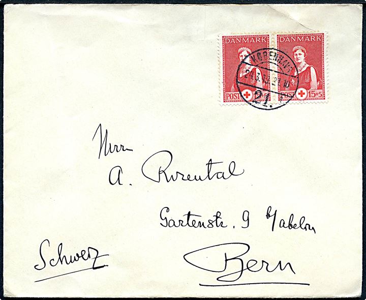 15+5 øre Røde Kors i parstykke på brev fra København d. 24.3.1940 til Bern, Schweiz.