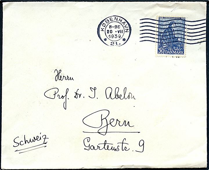 30 øre Thorvaldsen på brev fra København d. 20.7.1939 til Bern, Schweiz.