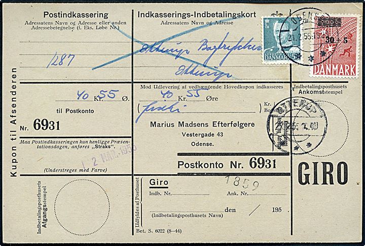 30+5/20+5 øre Frihedsfonden provisorium og 50 øre Fr. IX på retur Indkasserings-Indbetalingskort fra Odense d. 21.2.1955 til Otterup.