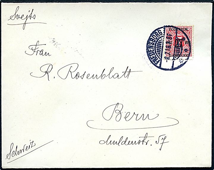 27/7 øre Provisorium single på brev fra Fredensborg d . 6.7.1918 til Bern, Schweiz.