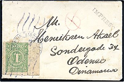 1 c. Ciffer single på tryksag fra Bogota d. 23.11.1918 til Odense, Danmark.