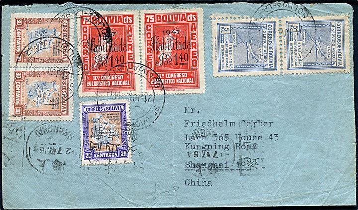 13,60 Bs. blandingsfrankeret luftpost? brev fra La Paz d. 21.6.1947 til Shanghai, Kina. Ank.stemplet d. 2.7.1947. Usædvanlig destination.
