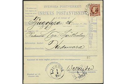 15 öre Oscar på indenrigs postanvisning fra Ytterhogdal d. 30.4.1904 til Hedemora.