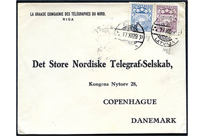 40 s. og 50 s. Sol design på fortrykt kuvert fra Store Nordisk Telegraf selskab i Riga d. 17.12.1929 til København, Danmark.
