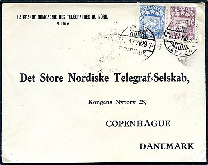 40 s. og 50 s. Sol design på fortrykt kuvert fra Store Nordisk Telegraf selskab i Riga d. 17.12.1929 til København, Danmark.