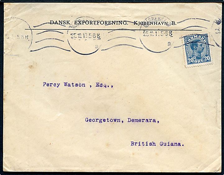 20 øre Chr. X single på brev fra Kjøbenhavn d. 25.10.1918 til Georgetown, British Guiana i Sydamerika. Meget usædvanlig destination. Uden censur.