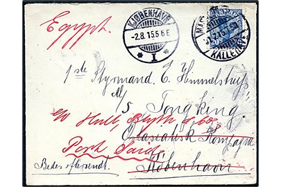 20 øre Chr. X på brev annulleret med bureaustempel Masnedsund - Kallehave T.5 d. 31.7.1915 til styrmand ombord på M/S Tongking via rederiet Ø.K. i København - eftersendt fra Kjøbenhavn d. 2.8.1915 til Port Said, Egypten. Uden censur.