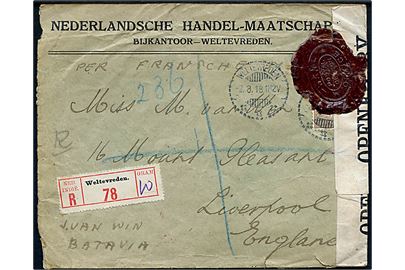 22½ single på anbefalet brev fra Weltevreden d. 2.8.1918 via London til Liverpool, England. Påskrevet Per French Mail og åbnet af britisk censur no. 1082 med rødt laksegl: War Office / Postal Censor.