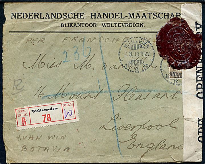 22½ single på anbefalet brev fra Weltevreden d. 2.8.1918 via London til Liverpool, England. Påskrevet Per French Mail og åbnet af britisk censur no. 1082 med rødt laksegl: War Office / Postal Censor.